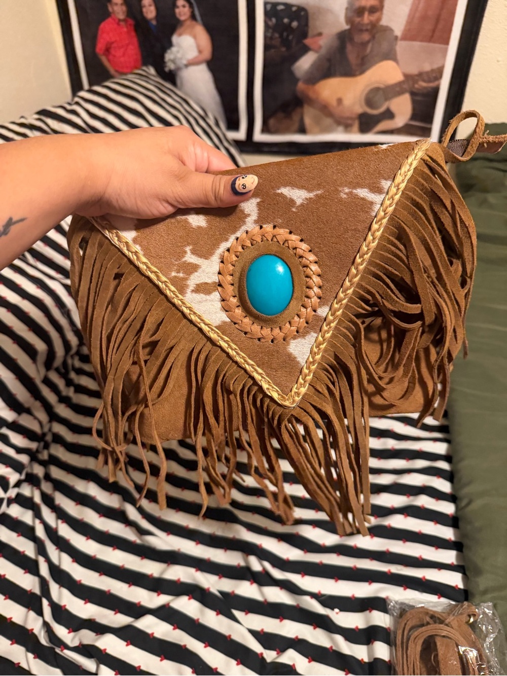 Boho Fringe Crossbody Bag with Turquoise Accent - Brown
